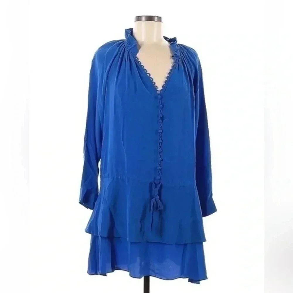 Rebecca Taylor Blue 100% Silk  Drop Waist Ruffle Boho Chic Dress Size 2 XS